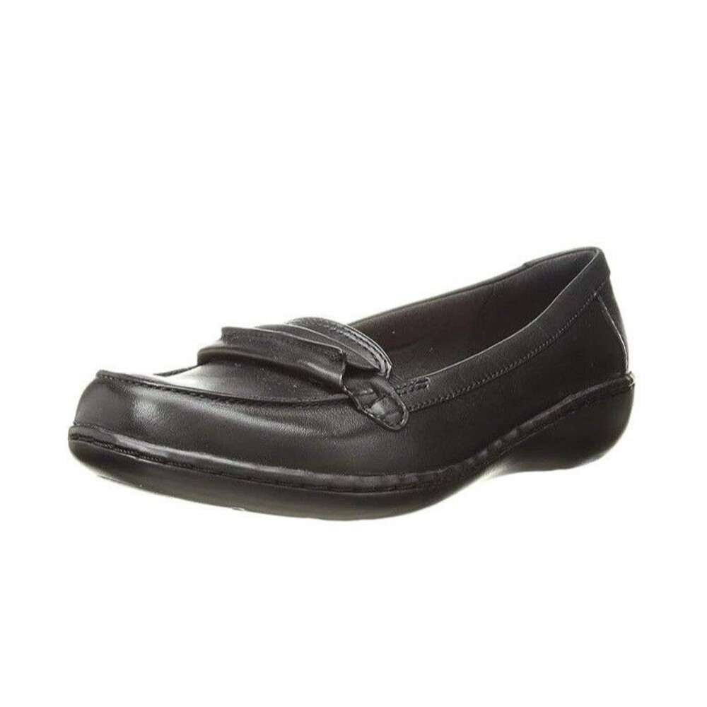 Clarks Womens 11 N Black Leather Ashland Lily Slip On Flat Comfort Shoe NIB SZ0